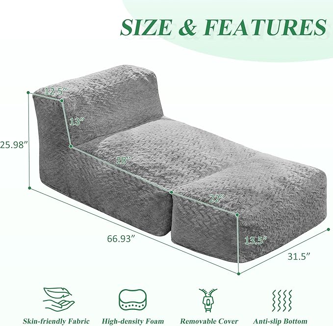 Hobestluk Bean Bag Chair Big Bean Bag Lounger for Adults Bean Bag Couch with Memory Foam Filled for Living Room, Bedroom or Balcony (Chevron Plush Grey)