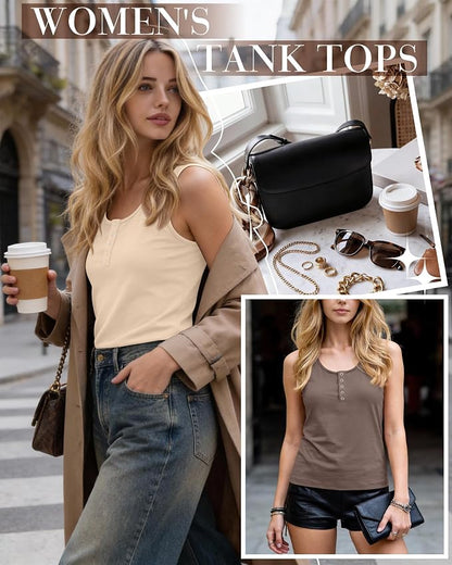 Ficerd 3 Pack Women's Henley Tank Tops Sleeveless Button Down Summer Shirts 2026 Casual Trendy Loose U Neck Tee Blouses