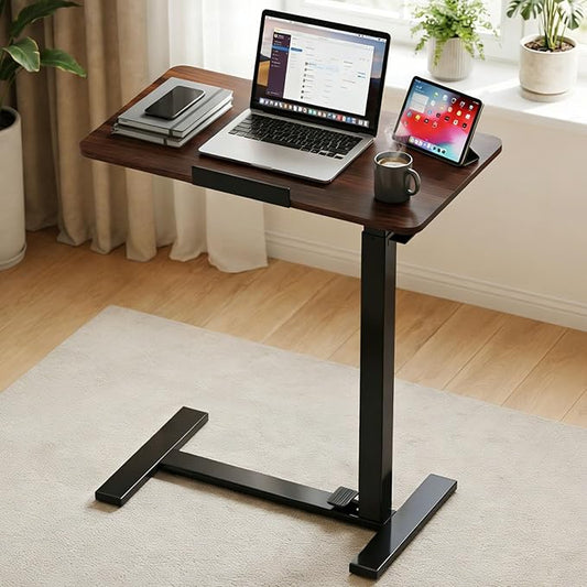 Overbed Table Adjustable Bedside Desk with Wheels Brown | Pneumatic Lift Design Offers Easy Height Adjustment for Bed and Sofa Use