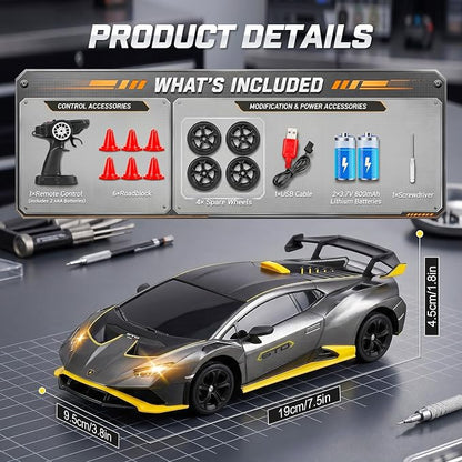 YESHIN 1：24 Lamborghini Haracan Drifting Car Gray, Lamborghini Toy Car, RC Cars for Boys Age 8-12, 2.4GHz Remote Control Car with Light