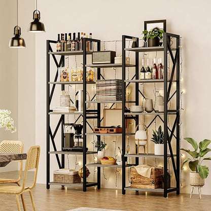 GAOMON Triple Wide 5 Tier Book Shelf, 70.8” Tall Bookcase with 14 Open Shelves, Large Industrial Bookshelves and Bookcases with Metal Frame for Home Office, Study Room, Living Room-Grey