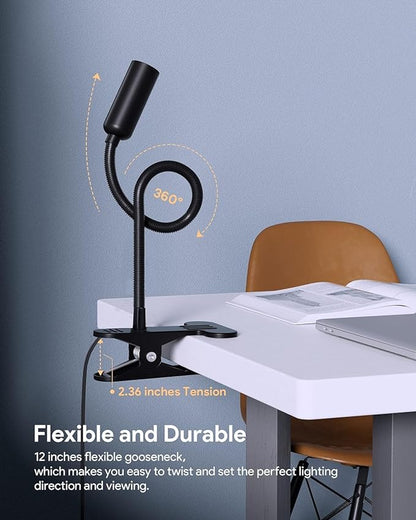 JHD Led Desk Lamp with Clamp - 10 Brightness Levels, 12" Flexible Gooseneck,USB Lamp - Suitable for Home Office, Reading, Bed Light,Quality Black Metal Clamp Light（includes charger adapter）