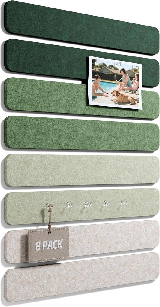 Fluxynara 13" x 2" Felt Wall Panels, Sagewood | 8-Pack Includes 50 Push Pins and Adhesive Tabs for Photos, Notes and Decor in Bedroom Doors, Home Office or Studios
