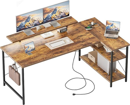 Mericonia 55 in L Shaped Gaming Desk, Large Corner Desk with Monitor Stand | Reversible Computer Desk with Power Outlets, LED Light & Storage Shelves, Office Table for Home Bedroom Study Work Writing