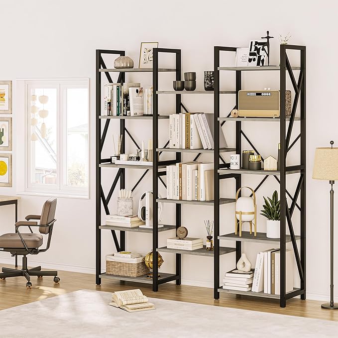 GAOMON Triple Wide 5 Tier Book Shelf, 70.8” Tall Bookcase with 14 Open Shelves, Large Industrial Bookshelves and Bookcases with Metal Frame for Home Office, Study Room, Living Room-Grey