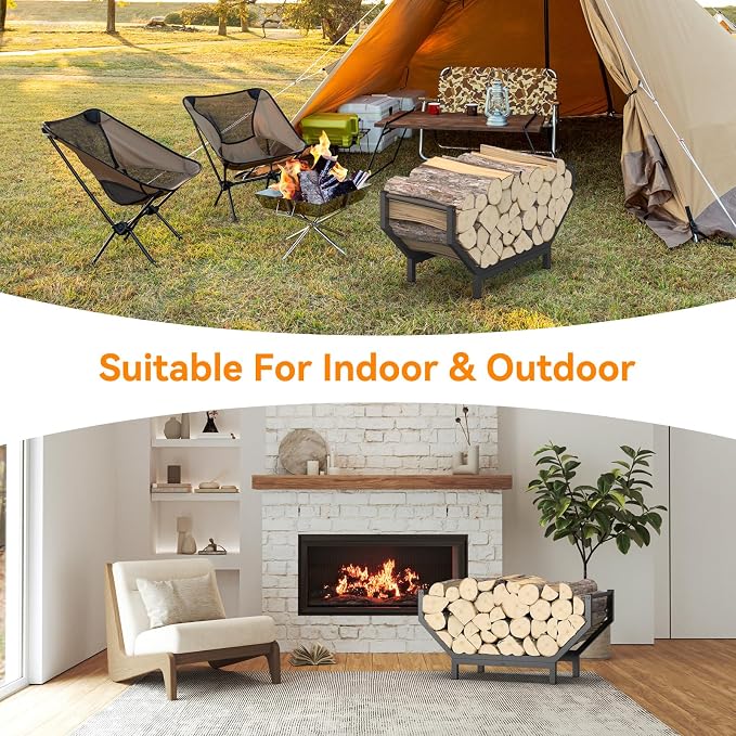 Indoor Outdoor Firewood Rack,Rustproof Metal Fireplace Wood Rack,Curved Lagre-Capacity Firewood holder,Heavy Duty Log Rack,Black