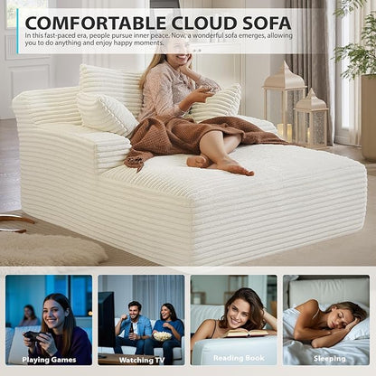 50 Inch Chaise Lounge Chair Indoor, Oversized Corduroy Upholstered Boneless Sofa Bed, Deep Seat Sleeper Couch Reading Chairs, Cloud Sofas Couches for Living Room, No Assembly Required (Beige)