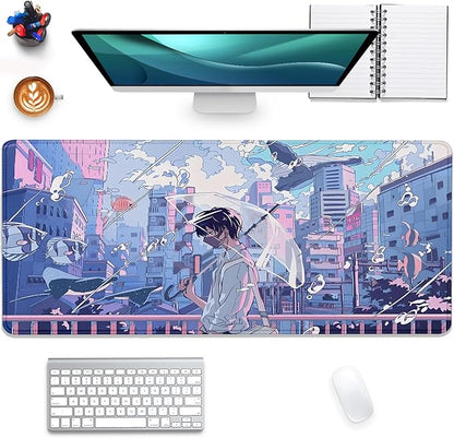 Japanese Fantasy City Boy Mouse Pad Desk Pad,Cute Kawaii Anime Mousepad,Large Extended Gaming Mouse Mat with Stitched Edges Non-Slip Waterproof Rubber Base Mous Mat for Desk Pad(27.5X11.8 in)