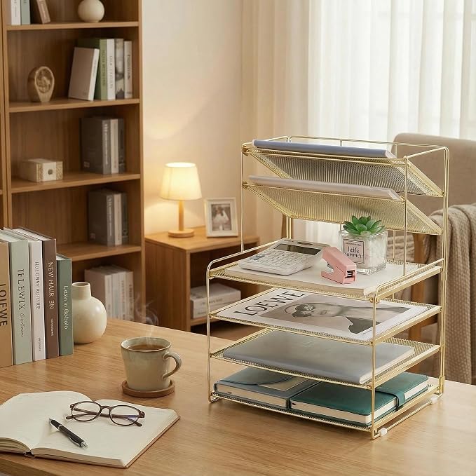 OPNICE Desk Organizer, 6-Tier Letter Tray Paper Organizer, Desktop File Organizer, Office Desk Accessories & Office Decor for Women, Workspace Organizer for Office Supplies(Gold)
