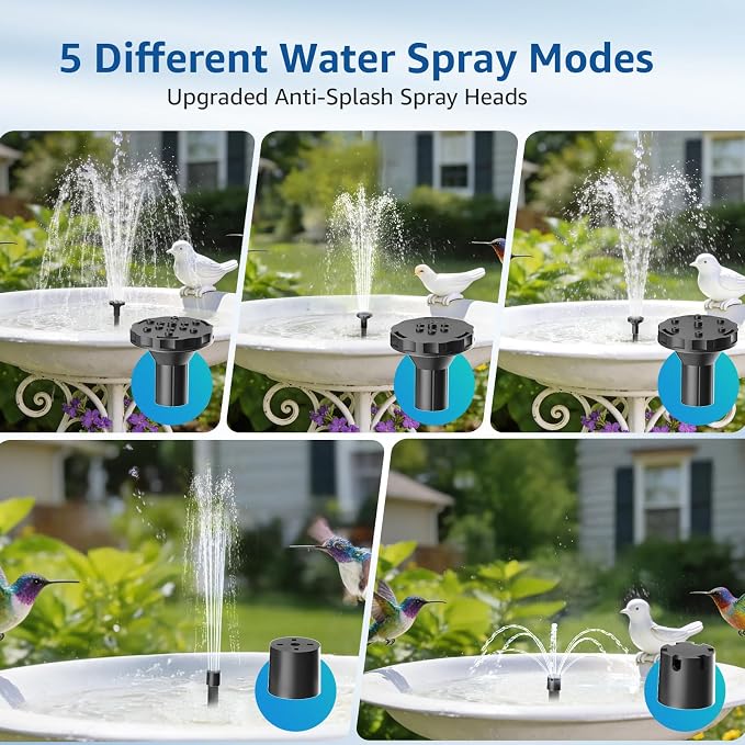 Solar Bird Bath Fountain Pump, 4W Solar Water Pump with 2000mAh Battery Backup, 5 Spray Modes & 4Ft PVC Tubing, Solar Powered Fountain for Bird Bath, Garden Pond and Outdoor Water Feature