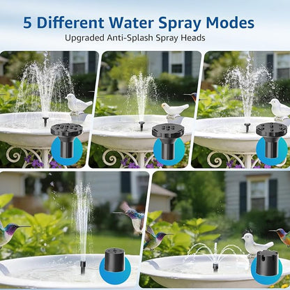 Solar Bird Bath Fountain Pump, 4W Solar Water Pump with 2000mAh Battery Backup, 5 Spray Modes & 4Ft PVC Tubing, Solar Powered Fountain for Bird Bath, Garden Pond and Outdoor Water Feature