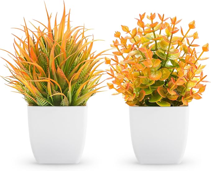 Der Rose 2 Pack Small Fall Fake Plants Mini Artificial Potted Plants Fall Table Office Decor for Home Desk Bathroom Decoration