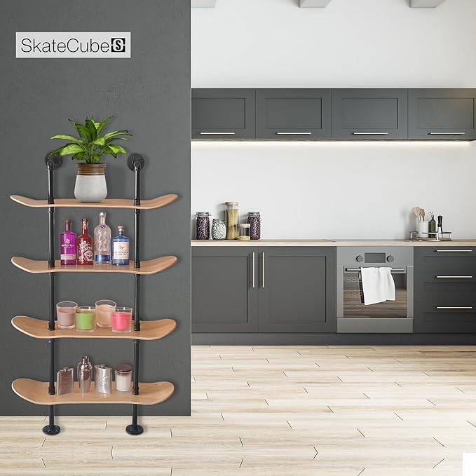 Industrial Shelves - 4 Tier Industrial Decor Pipe Bookcase Using 7 Ply Skateboard Decks - Natural Wood Stain Finish - Perfect Bathroom Wall Decor, Book Shelf for Skateboard Enthusiasts