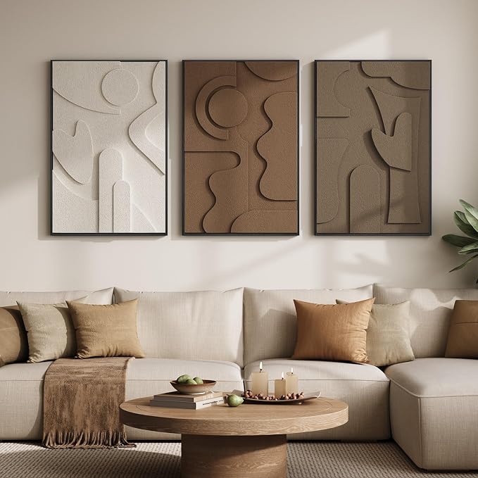 Large Framed 3D Textured Wall Art for Living Room, Set of 3 Abstract Geometric Wall Decor, Modern Neutral Brown Minimalist Pictures Artwork for Bedroom Dining Room Hallway Office, 24x36 Inch