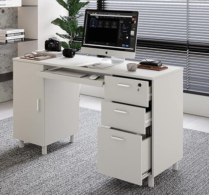 Modern Design By Crafts & comfort Venice Computer Desk - Office Desk with 3 Drawers & CPU Storage Cabinet - Laptop Workstation with Keyboard Tray & Cable Hole - Home & Office Supplies -White