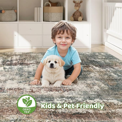 7x9 Area Rug Washable Rugs: Living Room Large Abstract Modern Soft Stain Resistant Indoor Floor Non-Slip Accent Carpet for Bedroom Nursery Playroom Office Dining Room Dorm Home House- Green Red