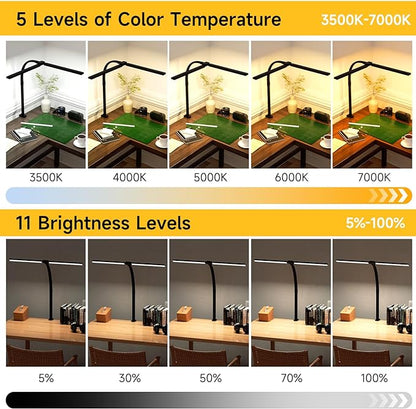 SKYLEO Desk Lamp - Double Head LED Desk Light for Home office - 24W Eye Caring - Touch Control - 5 Color Modes X 11 Brightness Levels - 2400LM - Timmer & Memory Function - Black