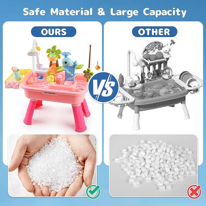 2026 Upgraded Toddler Sand Water Table Toy with Electric Water Pump, Kids Sand Water with Faucet/Play Food Accessories/Fishing Toy, Kitchen Play Sink Toys for Girl Boy Age 3+ (Pink)
