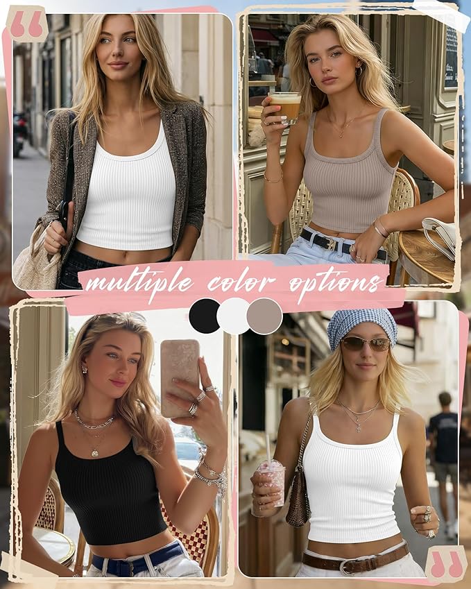 Ficerd 3 Pack Women's Tank Tops 95% Cotton Spaghetti Strap Ribbed Crop Camisole Slim Fitted Basic Summer Sleeveless Layer