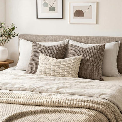 MIULEE Pack of 2 Corduroy Decorative Lumbar Throw Pillow Covers 24x14 Inch Soft Boho Striped Pillow Covers Modern Farmhouse Home Decor for Sofa Living Room Couch Bed Cream White