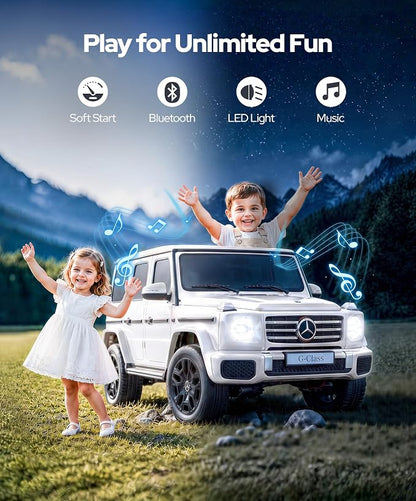 ELEMARA 2 Seater 24v Ride on Toys for Big Kids,Mercedes Benz G-Class G500 Kids Car,Toddler Electric Car w/Remote Control,Electric Vehicle to Drive,Bluetooth,Music& Horn,Low Battery Prompt,White