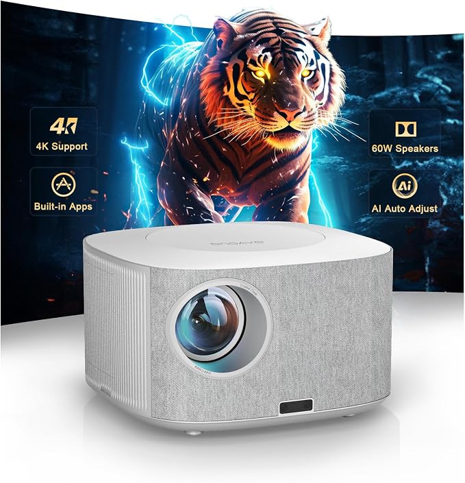 Outdoor-Projector-4K with WiFi and Bluetooth:[3500 Bright/60W Dolby Audio/Official Licensed Apps],Smart-Projector with AI Auto Focus, ONOAYO ONO5Pro 2.0 Movie Projector for Indoor/Outdoor 2026(White)