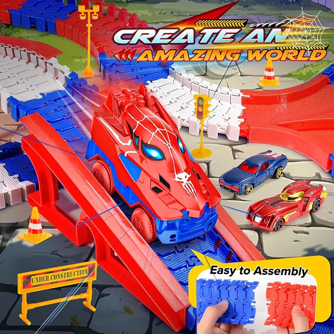 Aetyni Spider Toys for Boys 3-4: 251 PCS Spider Race Track with 5 Alloy Cars Toys for 3 4 5 6 Year Old Boys Car Tracks for Kids Toddler Boy Age 3-5 4-6 6-8 Christmas Birthday Gifts