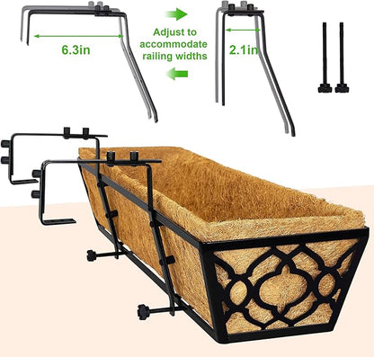 Y&M 30 inch Window Planter Box 4Pcs Iron Window Deck Railing Planter with Coco Liner, Metal Horse Troughs Fence Planter for Outdoor Balcony Rail Fence Porch Patio