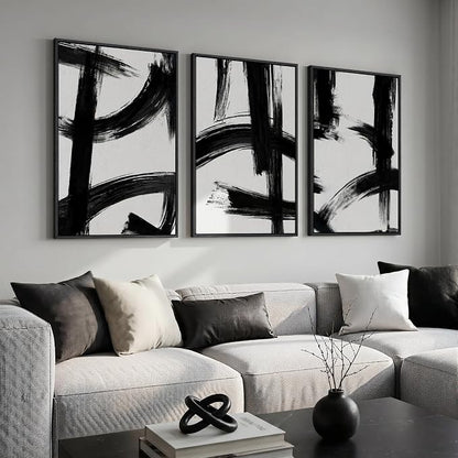 Large Framed Black and White Abstract Wall Art for Living Room, 3 Piece Big Canvas Prints Paintings Artwork for Walls, Modern Minimalist Pictures Wall Decor for Bedroom Office Hallway, 24x36 In
