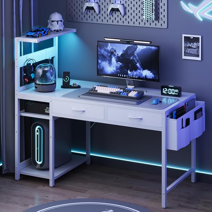 40 Inch Small Gaming Desk with Drawers & Led Lights & Storage Bag, White | Reversible Storage Shelf, Power Outlets, Wood Grain Gaming Table, Compact Computer Desk for Small Space, Bedroom, Home Office