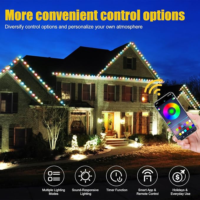 200 FT 2-in-1 Eaves & Ground Stakes LED String Lights, Outdoor RGB Light with App & Remote Control for House, Garden, and Landscape, Waterproof Smart Color-Changing Lighting for Holiday Everyday Decor