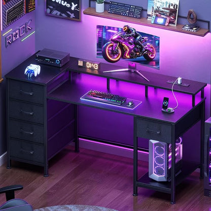 Korfile 47 Inch Computer Gaming Desk with Power Outlets & LED Lights Reversible Home Office Desk with Adjustable 5 Fabric Storage Drawers for Working Writing Study, Carbon Fiber Black | For gaming and working,built-in power outlets and LED lights,5 fab...
