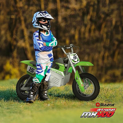Razor MX400 Dirt Rocket Electric Bike for Kids Ages 8+, 140 Pounds Max Weight, Green – 24-Volt Battery, up to 14 Mph, 30-Minute High Speed Ride Time, Twist-Grip Throttle, 12-Inch Pneumatic Tires
