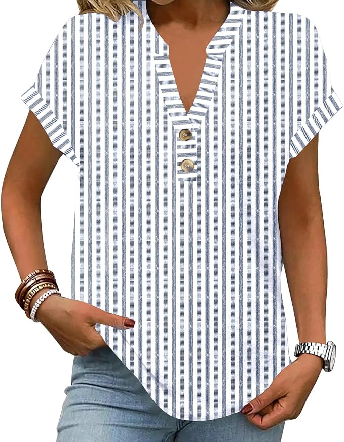 Womens Henley Summer Tops V Neck Button Dressy Casual T Shirts Blouses | Breathable, V-Neck Button, Striped, Loose Fit, Business Casual, Office, Vacation, Spring Summer Tops, Basic Shirts