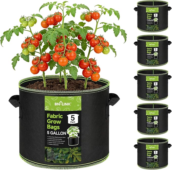 BN-LINK 5-Pack 5 Gallon Grow Bags, Heavy Duty Aeration Fabric Pots with Handles, Thickened Nonwoven Plant Bags for Vegetables, Flowers, Fruits