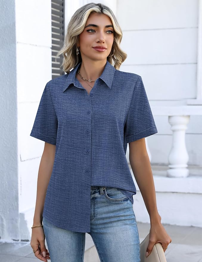 Zeagoo Button Down Shirts for Women Short Sleeve Collared Tops Dressy Casual V Neck Blouses