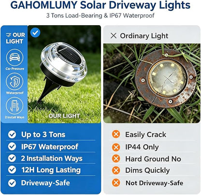 Solar Driveway Lights 12 Pack, Solar Deck Lights Outdoor IP67 Waterproof, 6000K Cool White Solar Ground Lights Landscape Path Lighting for Step Sidewalk Stair Garden Ground Pathway Yard