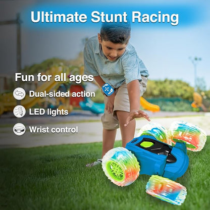 Contixo SC3 RC Stunt Car, Blue 2.4GHz 4WD Double-Sided 360° Rotating flip Racer Remote Control Toy Cars with LED Lights for Kids Girls Boys Age 4-12 Birthday Gift
