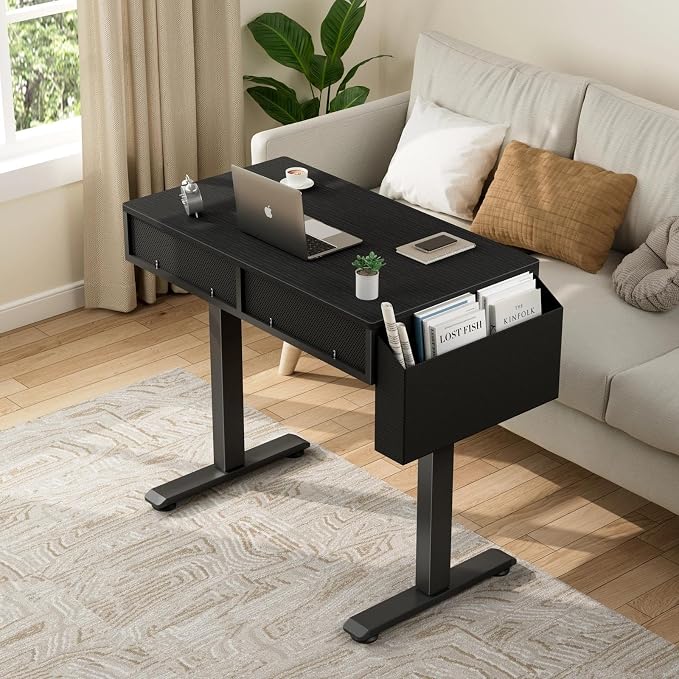 KLUVIS Electric Standing Desk with Drawers - 32 Inch Small Black Height Adjustable Sit Stand Desk with Storage for Home Office Bedroom, Study Writing Compact Stand up Computer Desks for Boys Girl Work
