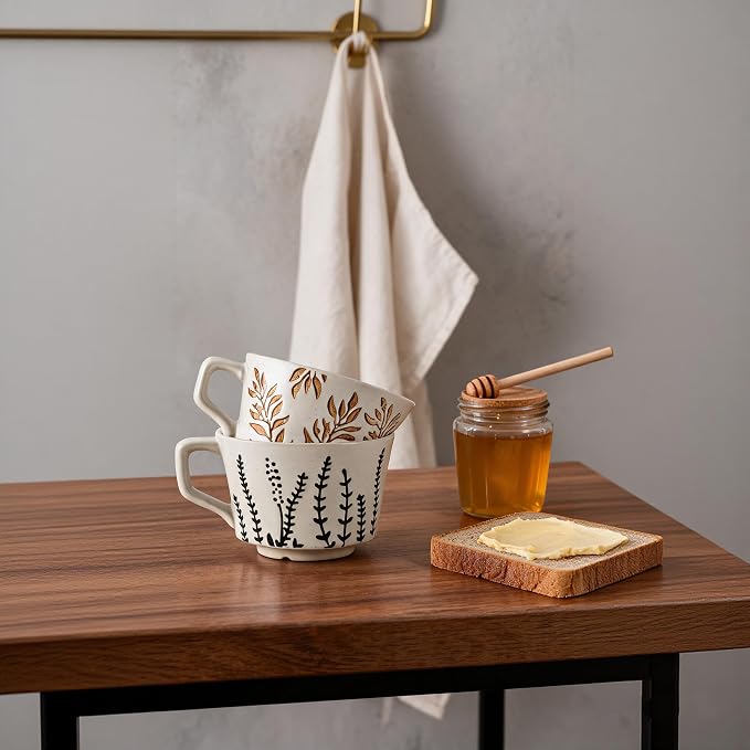 4 Pack 12oz Speckled Stoneware Coffee Mugs, Vintage Black Seaweed Botanical Ceramic Tea Cups, Rustic Hand Drawn Floral Drinking Mugs, Microwave Dishwasher Safe, Gift Set for Coffee Lovers