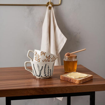 4 Pack 12oz Speckled Stoneware Coffee Mugs, Vintage Black Seaweed Botanical Ceramic Tea Cups, Rustic Hand Drawn Floral Drinking Mugs, Microwave Dishwasher Safe, Gift Set for Coffee Lovers