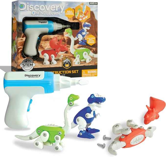 Discovery™ Dinosaur Construction Set, 90-Piece Action Model Build Kit, Kid-Safe Electronic Tools & Screws, Create T-Rex Triceratops, Prehistoric Monster Learning STEM Toy for Paleontologists