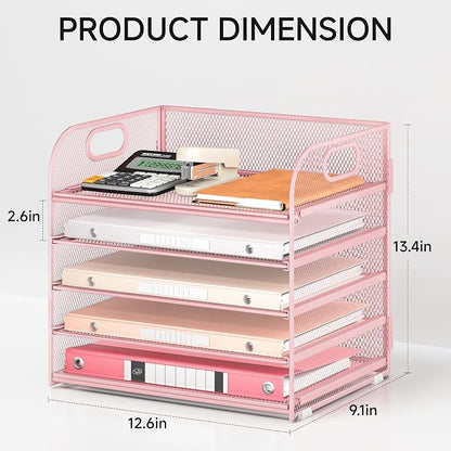 5 Tray Paper Organizer Letter Tray with Handle - Mesh Desk File Organizer, Paper Sorter Organizer for Office, Home or School File Folder Holder - Pink