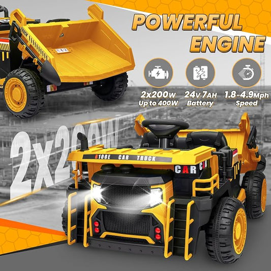 JOYRACER 24V 2 Seater Ride on Dump Truck w/400W Motors, Kids Ride On Car w/20'' Seat, Parent Remote, Electric Construction Vehicle w/Dump Bed & Shovel, 5Mph Max, Power Car Wheelers for Kids, Yellow