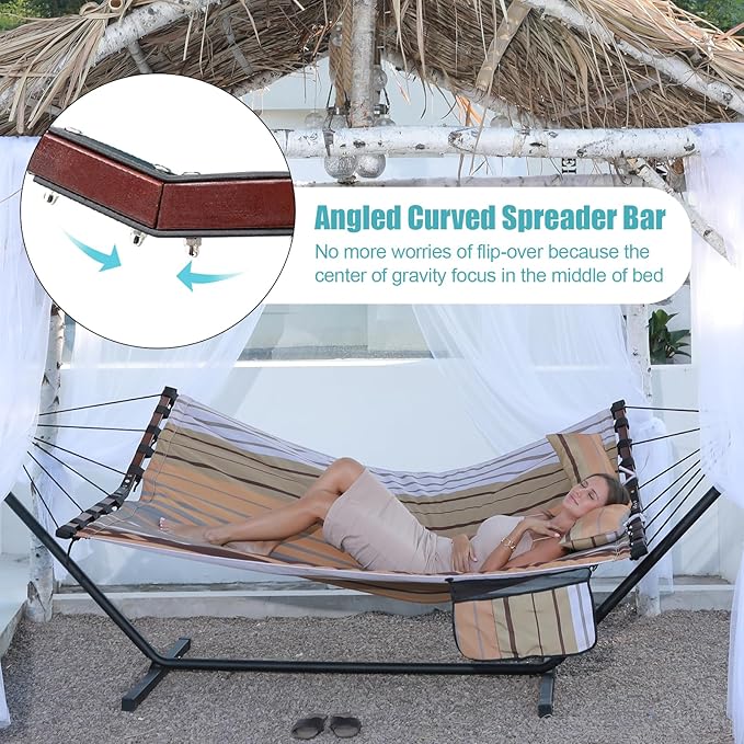 TegerDeger 12FT 2 Person Hammock Large Hammock 450LB Capacity with V Shaped Hardwood Spreader Bar & Nylon Rope for Outside, Patio, Garden, Backyard, Beach, Poolside - Fall Yellow Stripes