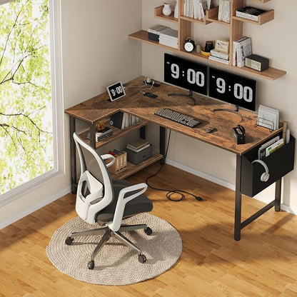 Lufeiya L Shaped Computer Desk with Power Outlet Shelves, 47 Inch Corner Desk for Home Office Bedroom, L-Shaped Study Writing Working PC Desks, Rustic Brown