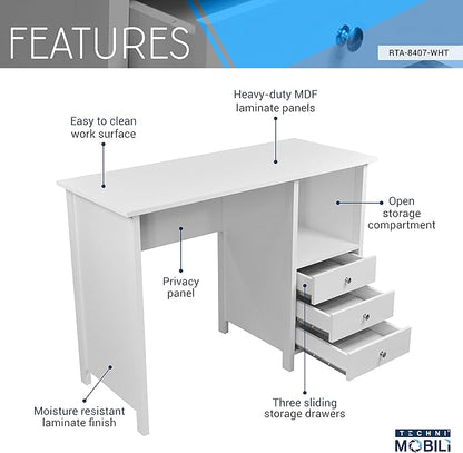 Techni Mobili White Desk with Drawers - Small Office Desk with 3 Cabinet Drawers, Open Shelf, & Laminated Wooden Panels Office & Study Table for Bedroom & Workstations