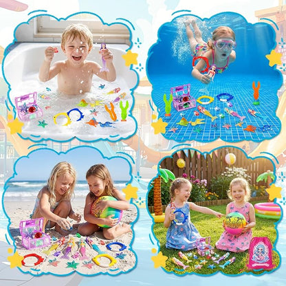 DRAMATION 25 Pcs Pool Diving Toys for Kids Ages 3-12, Mermaid Dive Pool Toys with Diving Gems and Treasure Chest, Diving Rings, Storage Bag, Summer Beach Swim Water Sinking Toys for Boys Girls 3-5 4-8