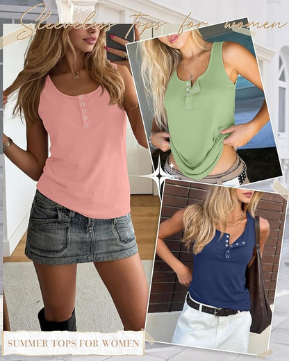 Ficerd 3 Pack Women's Henley Tank Tops Sleeveless Button Down Summer Shirts 2026 Casual Trendy Loose U Neck Tee Blouses