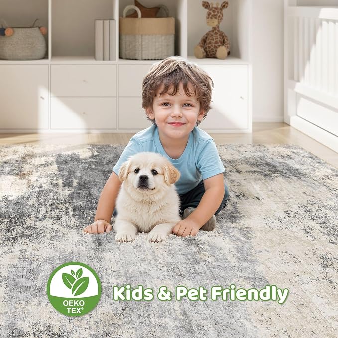 8x10 Area Rugs Living Room: Washable Large Abstract Modern Soft Rug Stain Resistant Indoor Floor Non Slip Accent Carpet for Bedroom Nursery Playroom Dining Room Office Dorm Home House- Grey Brown